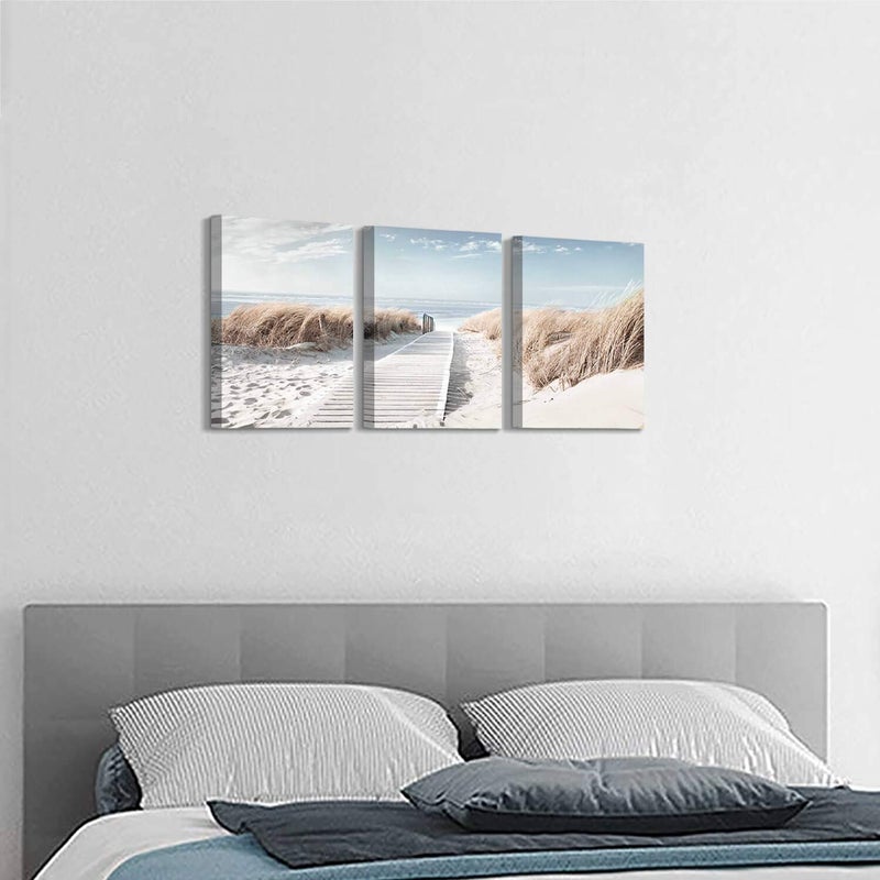 Hardy Gallery Coastal Beach Canvas Wall Art: Pathway to Shoreline Artwork Painting on Canvas for Office or Bedroom (16'' x 12'' x 3 Panels) - Image 3